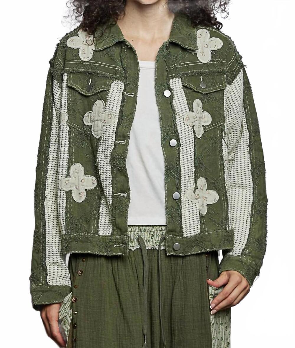NEW POL textured twill and floral patch jacket in green
